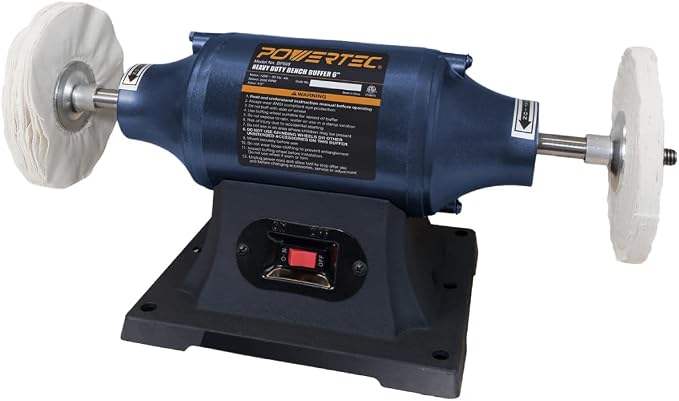 POWERTEC 6-Inch Bench Buffer Jewelry Polisher - Includes 2PCs 80Ply Thic Buffing Wheels | Ideal Benchtop Buffing Machine for Polishing Metal, Jewelry, Knives, Wood, Jade, and Plastic (BF601)