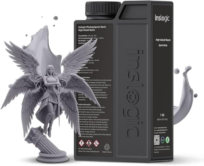 Inslogic 14K High Detail 3D Printer Resin, Smooth Matte Finish with Fine Detail for Miniatures, Low Shrinkage, No Cracking, 405nm UV-Curing Resin for LCD, DLP, SLA 3D Printing (Dark Gray, 1kg）