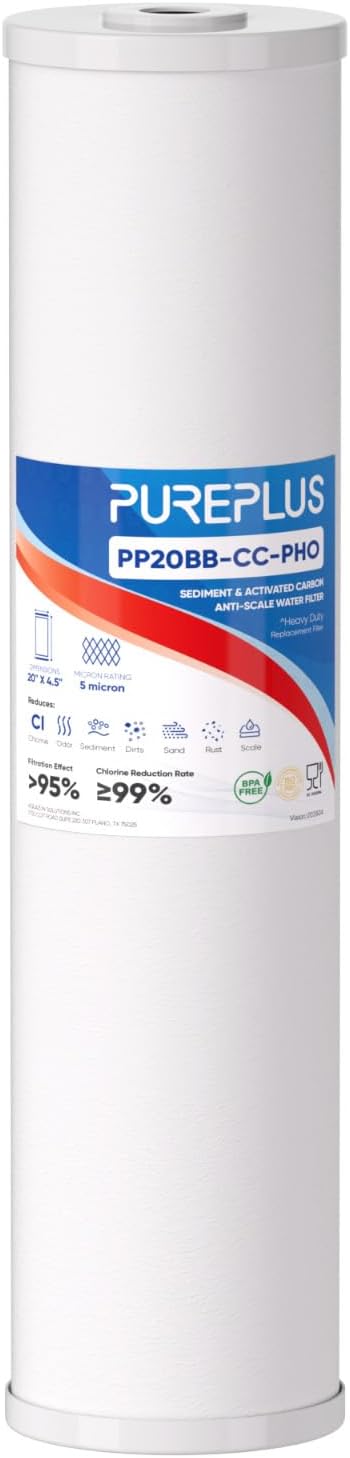 PUREPLUS 5 Micron 20" x 4.5" Whole House Anti Scale Sediment Home Water Filter Replacement Cartridge, Sediment & Chlorine Reduction, PHO Polyphosphate Anti-Scale Filter, 1 Pack