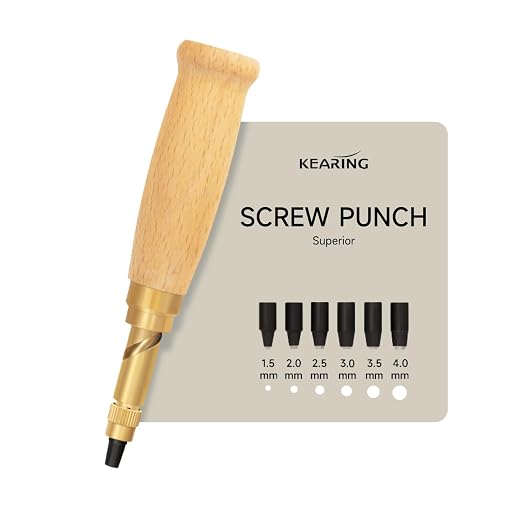 Kearing Screw Punch, Adjustable Leather Hole Punch with 6 Sizes (1.5mm,2.0mm,2.5mm,3.0mm,3.5mm,4.0mm) with Wood Handle for Paper, Leather