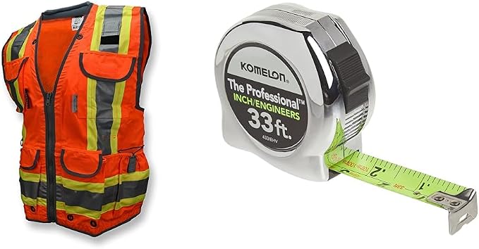Radians Heavy Woven Two Tone Engineer Vest and Komelon 33-feet Hi-Visibility Tape Measure Bundle