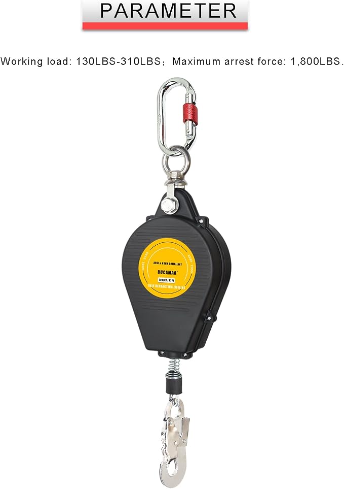 Swivel Top Self Retracting Lifeline, BUCAMAO 33FT Retractable Lanyard, SRL | Steel Wire, Srl Fall Protection, Retractable Safety Lanyard, Safety Harness Yoyo, Fall Protection Kit, Fall Arrestor