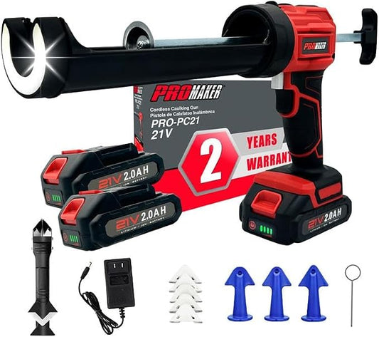PROMAKER Cordless Caulking Gun, 21V Caulk gun w/ 2 Batteries, LED Light, Adjustable Speed, 3 Nozzle Adapters, 5 Knife Heads, 10 Oz Capacity, 550Lb Pushing Force, Caulk Tool Trowel & Scraper