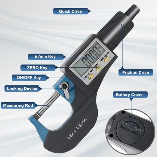 Beslands Digital Electronic Display Micrometer 0-1" / 0-25mm Gauge 0.00005" / 0.001mm Thickness Measuring Tools for Mechanics Inch/Metric Calipers, Machinist Micrometer, Protective Case with Battery