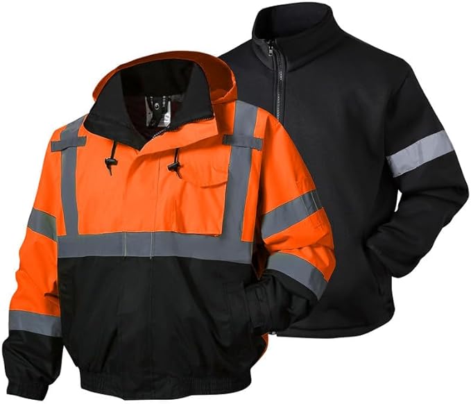 SKSAFETY 3-in-1 High Visibility Winter Bomber Jackets Zip Out Fleece Liner Reflective Safety Coats for men Waterproof ANSI/ISEA Class 3(Orange L)