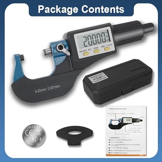Beslands Digital Electronic Display Micrometer 0-1" / 0-25mm Gauge 0.00005" / 0.001mm Thickness Measuring Tools for Mechanics Inch/Metric Calipers, Machinist Micrometer, Protective Case with Battery
