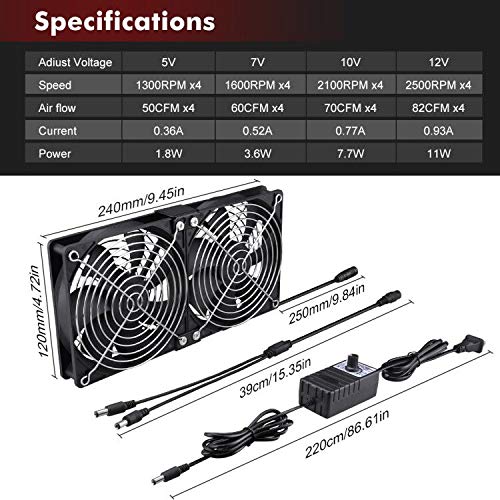 Wathai 4 x 120mm GPU Mining Rigs Server Racks Fan with 110V - 240V AC Plug | Dual Ball Fans Cooling with Variable Speed Control for Big Airflow for AV Cabinets, TVs Routers. Amplifier, Refrigerator cool