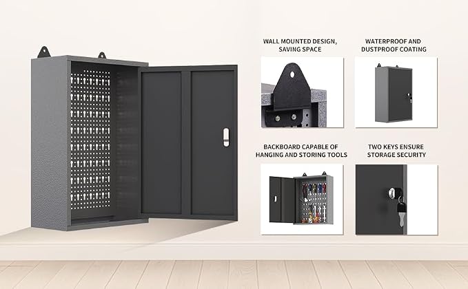 JZD Metal Storage Wall Mounted Lockable Cabinet with 22 Tool Hooks, for Garage Basement Workshop, Black & Gray