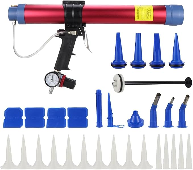 10 oz / 20 oz Sausage Pneumatic Caulking Gun Two Functions Silicone Sealant Gun Air Rubber Gun Caulk Applicator Tool with 25 Transparent Glue Nozzles