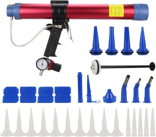 10 oz / 20 oz Sausage Pneumatic Caulking Gun Two Functions Silicone Sealant Gun Air Rubber Gun Caulk Applicator Tool with 25 Transparent Glue Nozzles