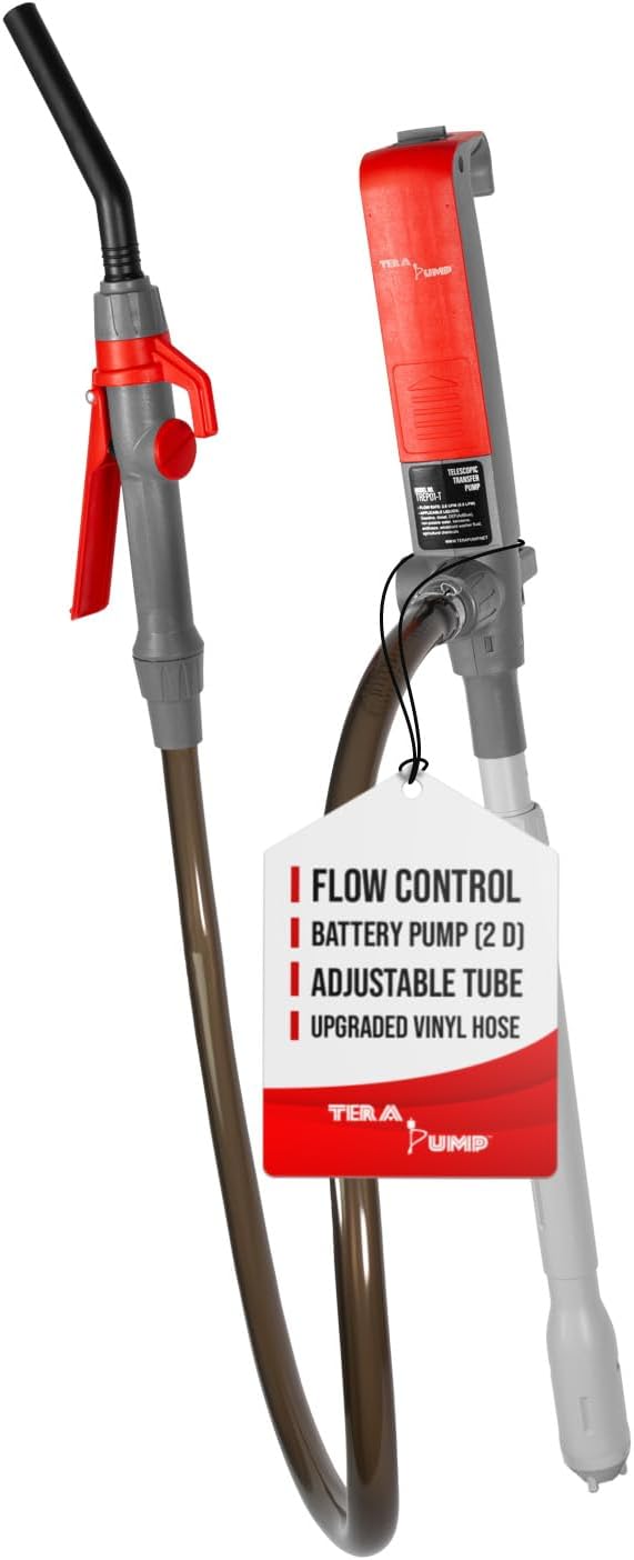 TERA PUMP Fuel Transfer Pump w/Quick Flow Control Nozzle & Telescopic Tube - 3X Powerful D Battery Powered, 39" Vinyl Discharge Hose, Portable Battery Pump For Gas, Diesel, Water (2.6 GPM)
