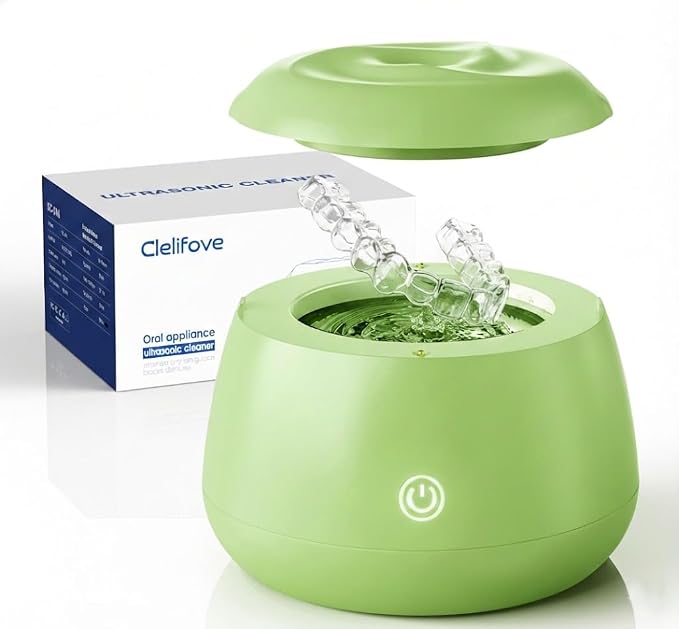 Ultrasonic Retainer Cleaner Machine 48kHz Denture and Aligner Cleaning Pod for Mouth Guards Night Guards Dental Trays Braces Toothbrushes Jewelry with 200ML Capacity (Avocado green)