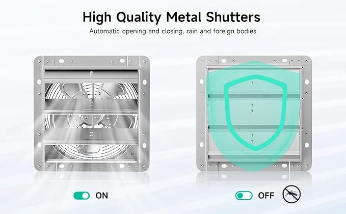 10" Shutter Exhaust Fan - Heavy Duty AC Motor, 1160 CFM Airflow | For barns, garages and attics. 24/7 continuous duty rated. Manual power switch included. Rust-proof steel. 10-year life.