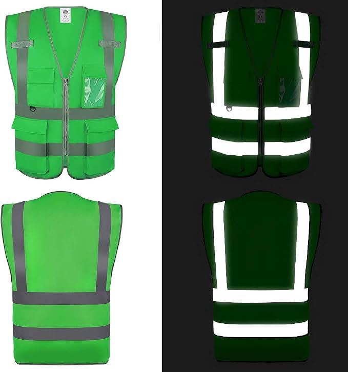 Dazonity High Visibility Safety Vest with Multi Pockets and Zipper, XL,Reflective Strips, Fit for Men & Women, Work, Construction,Cycling, Runnning, Surveyor, Volunteer (Green-XL)