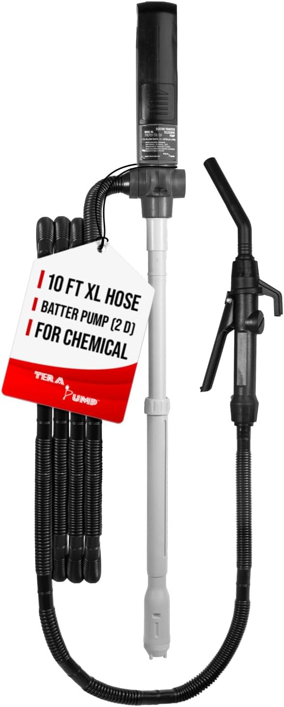 TERA PUMP Portable Battery Powered Chemical Transfer Pump | 2.1 GAL/MIN, 10ft Outtake Hose, Quick Stop Nozzle, Adjustable Intake, Methanol/Ethanol/DEF