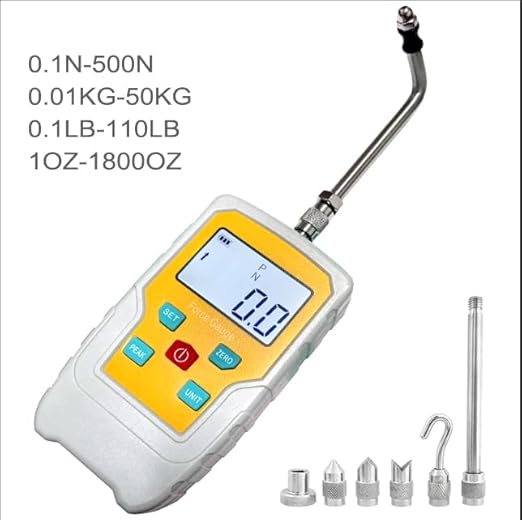 Digital Electronic Pull Gauge Tester 110LB/500N Force Gauge Push-Pull Meter Tension Compression Pressure Testing Thrust Meter Peak Mode with 6 Kinds of Probe and Extension Rod (110LB 500N)