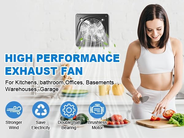 6-inch wall-mounted kitchen metal exhaust fan with switch, 382-576CFM, portable installation, with return air valve, suitable for attic, garage, bathroom, office, basement ventilation, Black