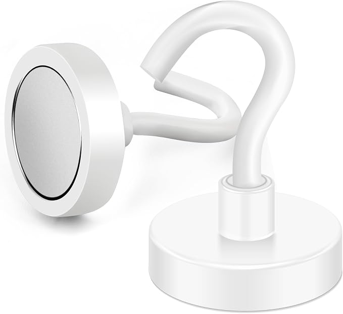 MIKEDE Magnetic Hooks 50LB+ Heavy Duty Magnet Hooks for Cruise Cabins | Super Neodymium Hanging Hooks White Strong Magnets with Hook for Fridge Magnetic Hanger for Grill Toolbox - Pack of 4