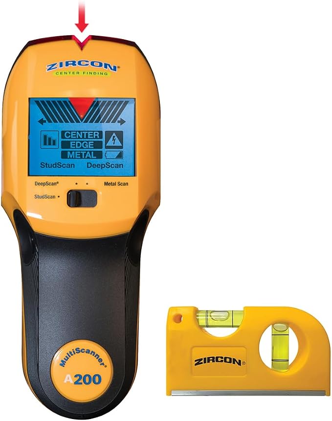 Zircon MultiScanner A200 with Bonus Mini Pocket Level – Electronic Wall Scanner Stud Finder & Metal Detector with Live AC Wire Detection, SpotLite Pointer, ACT Auto-Correcting Technology