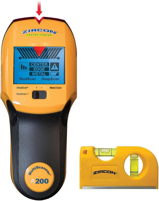 Zircon MultiScanner A200 with Bonus Mini Pocket Level – Electronic Wall Scanner Stud Finder & Metal Detector with Live AC Wire Detection, SpotLite Pointer, ACT Auto-Correcting Technology