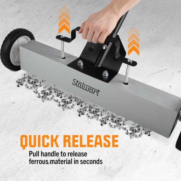 Magnetic Sweeper with Wheels - 24-Inch Rolling Nail Magnet Tool - Magnetic Pickup Tool with Adjustable Handle and 30 to 50-Pound Capacity by Stalwart