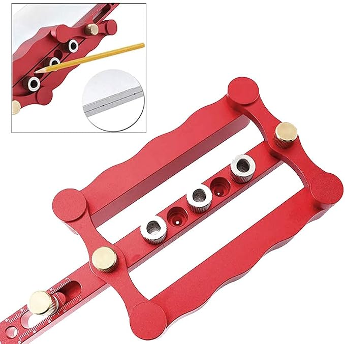 Self Centering Doweling Jig Woodworking Joinery Hole Drill Guide with 1/4 5/16 3/8 Inch Positioner Locator Tool Red Wave Hardware Precise Punch Drilling Jig Kit