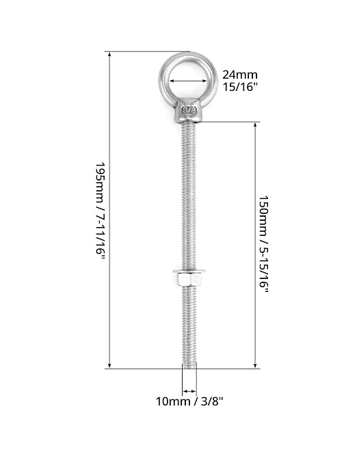 QWORK 316 Stainless Steel Machinery Eye Bolt with Shoulder, 5 Pack 3/8" x 6" Long Stainless Steel Marine Grade Shoulder Eye Bolt, Threaded Eyebolts, WD30279
