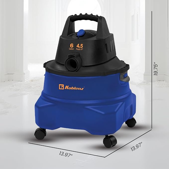 Koblenz WD-6 L212 Wet Dry Vacuum Cleaner, 6 Gallon, 4.5 PHP, 3-in-1 Suction & Blower, 16 ft Reach, Big Cleaner for Car, Shop Vacuum Wet and Dry, Swivel Casters, Black/Blue