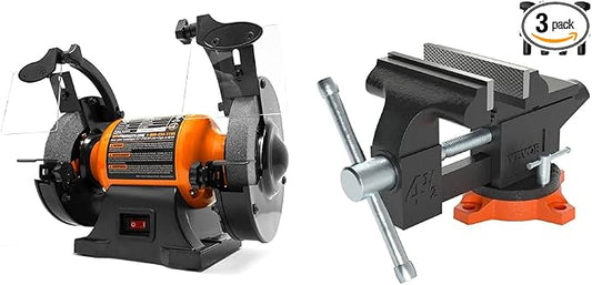 WEN BG4260 2.1-Amp 6-Inch Single Speed Bench Grinder, Orange,black & VEVOR Bench Vise, 4.5-inch Jaw Width 3.3-inch Jaw Opening, 240-Degree Swivel Locking Base Multipurpose Vise