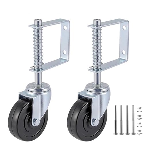 Gate Caster gate Wheel 4”, Heavy Duty Gate Caster Wheel with Spring Loaded,Universal Mount Pate, 250-500 lbs Load Capacity, 4 Inches Rubber Wheel(Two PCS)