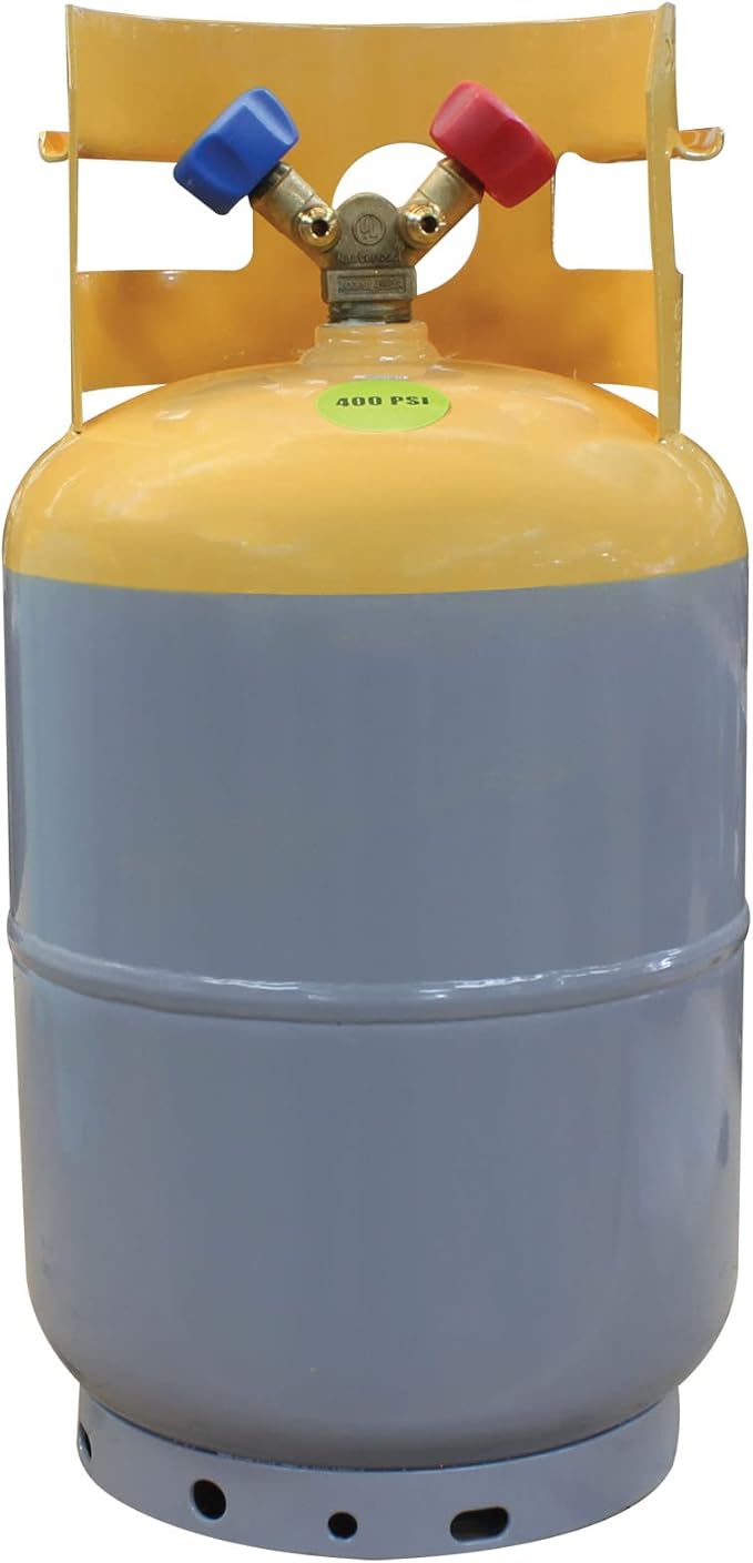 Mastercool 62010 30 lb Refrigerant Recovery Cylinder, DOT-Approved, 1/4" FL-M Connections, HP295 Steel, Yellow/Gray (No Refrigerant Included)