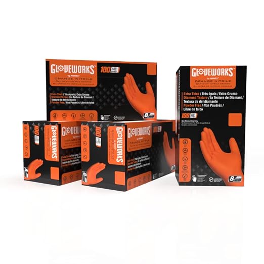 GLOVEWORKS 8 Mil Orange Nitrile Disposable Gloves Heavy Duty Industrial RDT for Mechanic and Automotive, XL 4 Boxes of 100