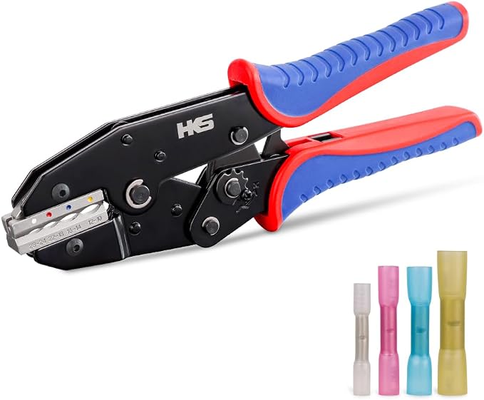 HKS Crimping Tool For Heat Shrink Connectors - Ratcheting Wire Crimpers - AWG 28-10 (0.25-6.0mm²) - Ratchet Terminal Crimper - Electrical Crimping Tool
