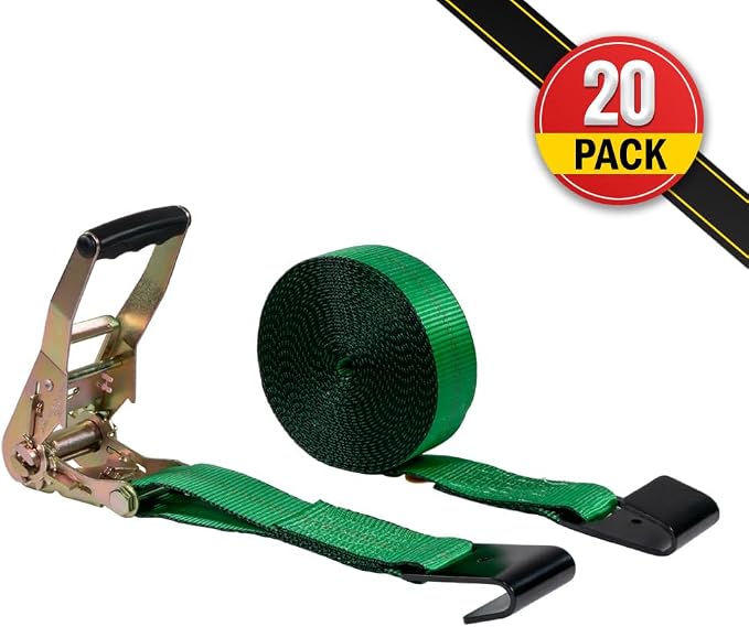 Mytee Products 20 Pack 2" x30' Green Ratchet Straps with Flat Hooks - 3,333 Lbs WLL - High Visibility Heavy Duty Tie Down Ratchet Straps for Flatbed, Truck, Trailers, Cargo, Pickup