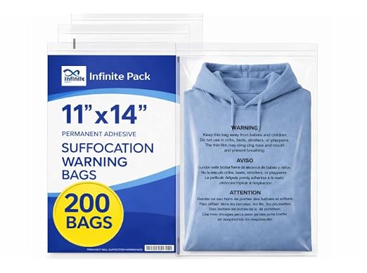 Infinite Pack 11” X 14” 1000 CT Self Seal Clear Poly Bags with Suffocation Warning for Packaging, T Shirts & FBA Permanent Adhesive