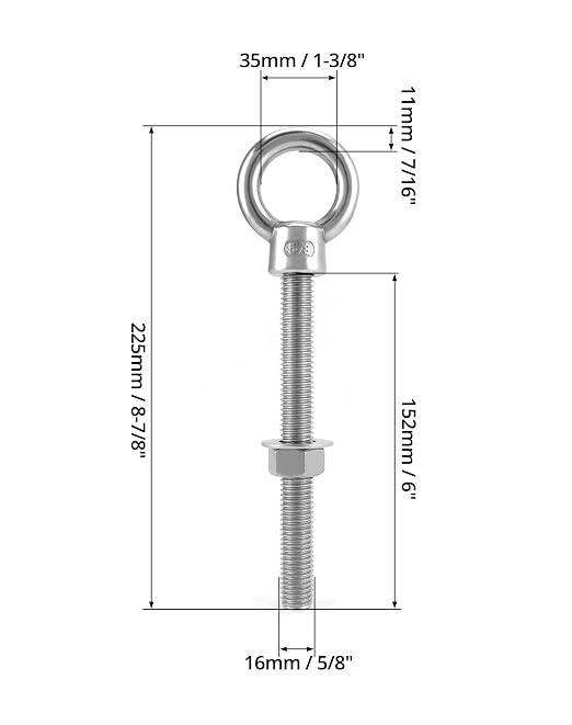 QWORK Threaded Eyebolts, 5 Pack 5/8" x 6" Long Stainless Steel Marine Grade Shoulder Eye Bolt