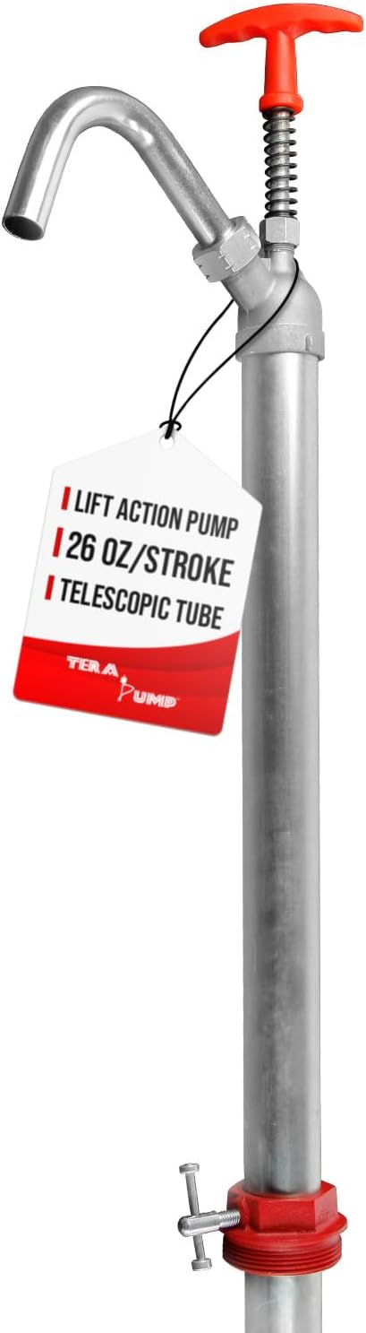 TERA PUMP - Steel Vertical Lift Drum Barrel Pump - Manual High-Efficiency Fluid Transfer for 15 to 55 Gal Barrels, 26oz per Stroke, Versatile for Antifreeze, Diesel, Kerosene and Other Thick Liquids