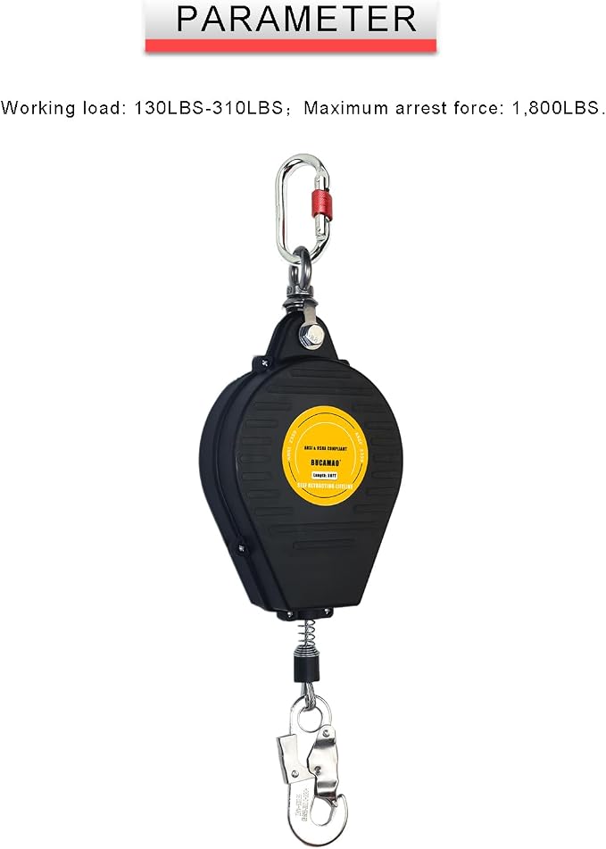 Swivel Top Self Retracting Lifeline, BUCAMAO 50FT Retractable Lanyard, SRL | Steel Wire, Srl Fall Protection, Retractable Safety Lanyard, Safety Harness Yoyo, Fall Protection Kit, Fall Arrestor