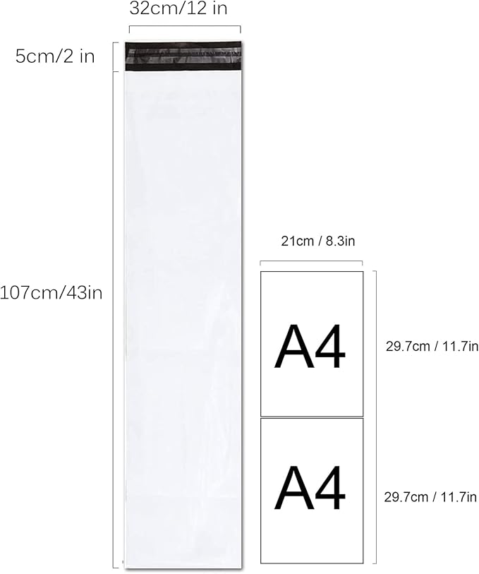Unique Poly Mailers 12x43 Inch 50 Pack Envelopes Bag for Long Items,White Self Sealing Waterproof Mailing Shipping Bags