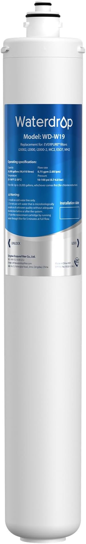 Waterdrop I2000 2 Under Sink Water Filter, Replacement for Pentair® Everpure I2000 2, EV9612-22, MC2, ESO7, MH2, EV9612-56, EV9607-25, EV9613-21, NSF/ANSI 42 Certified, 26000 Gallons