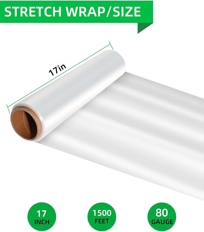 Stretch Wrap, Shrink Wrap Rolls 17in x 1500ft 2Pack, Heavy Duty Pallet Wrap | Clear, Self-Adhesive Cling, Includes Hand Grips, 80 Gauge Industrial Strength, for Moving Packing Shipping