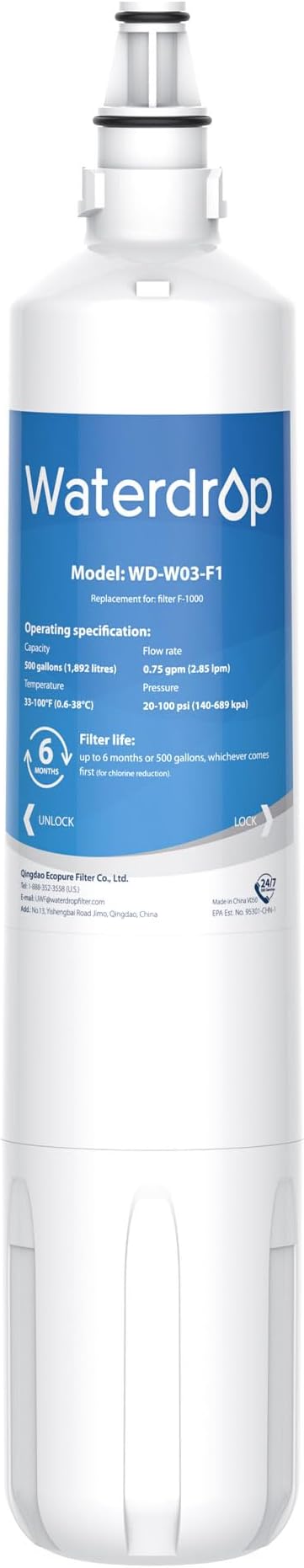 Waterdrop F-1000 Water Filter, Replacement for InSinkErator® F-1000 F-2000 Filter and AquaPure AP Easy C-Complete, 500 Gallons, Reduces Chlorine, Bad Taste & Odor, NSF/ANSI 42 Certified