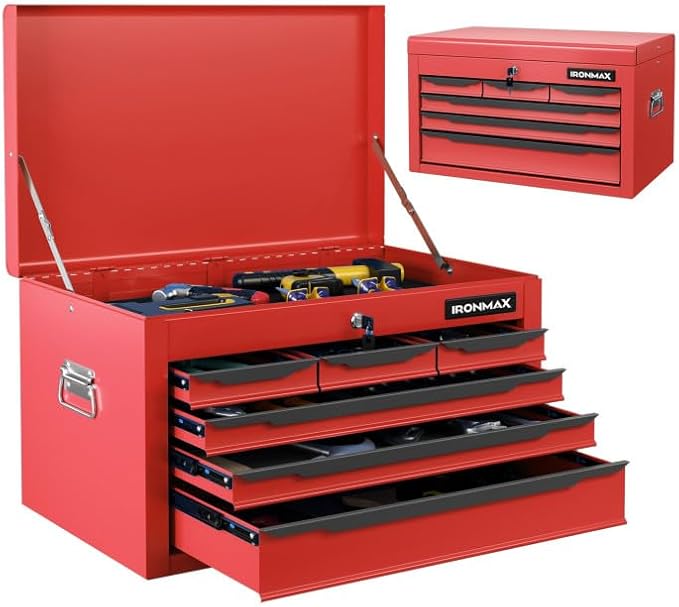 Large Metal Tool Box, ARNOT Tool Box with 6 Drawers & Top Tray, Heavy-Duty Steel Tool Chest with Auto-Locking Drawers and Side Handles for Garage & Workbench, Black (Red)