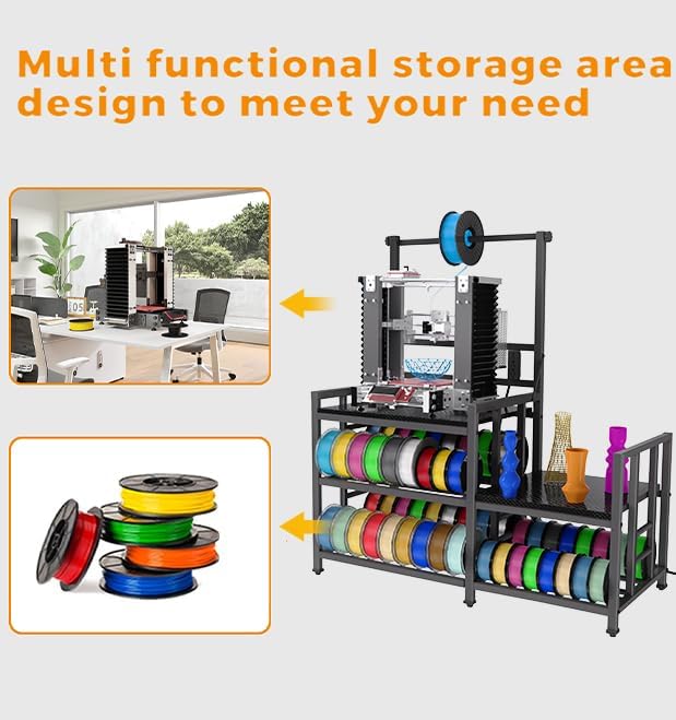 3D Printer Table with Filament Storage Printer Stand with Power Outlet,Heavy Duty 3D Printer Storage rack for ABS, PLA, TPU Filament Spools, Home Offices and Studios Carbon Fiber Black
