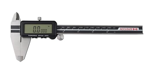 Accusize Industrial Tools Digital Caliper, 6 in/150 mm, 1110-0818 | 150 mm/6 in Range, 0.01 mm/0.0005 in/1/128 in Resolution, ±0.03 mm Accuracy, Metric/Inch/Fractional, Full Screen LCD