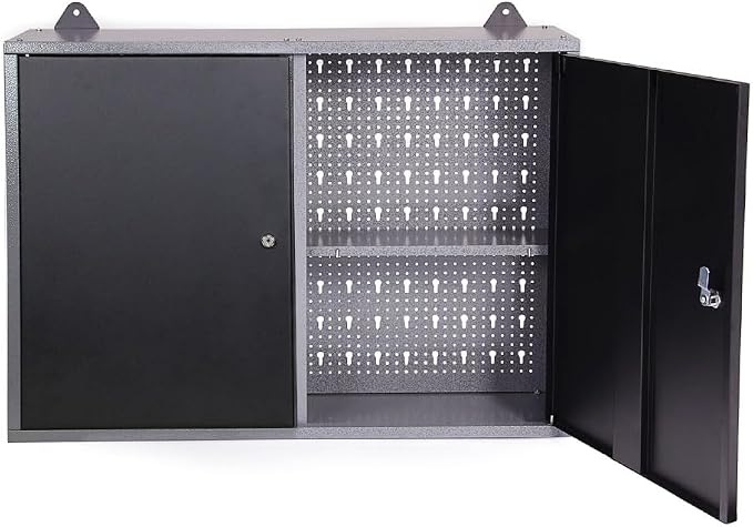 JZD Metal Wall Mounted Tool Cabinet with Lockable Doors, for Garage Basement Workshop, Black & Grey