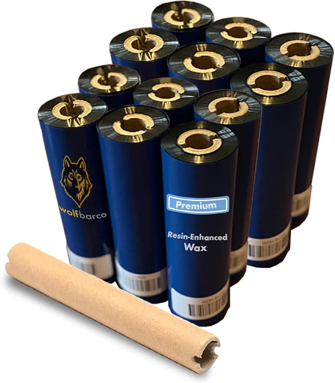 Wolfbarco 12 Rolls 4.33" x 243' (110mm x 74m) Premium Resin-Enhanced Wax Thermal Transfer Ribbon Black 1/2" Core CSO for Zebra GC420t, GK420t, GX420t, ZD421t, ZD621t, TLP2824 Desktop Barcode Printers