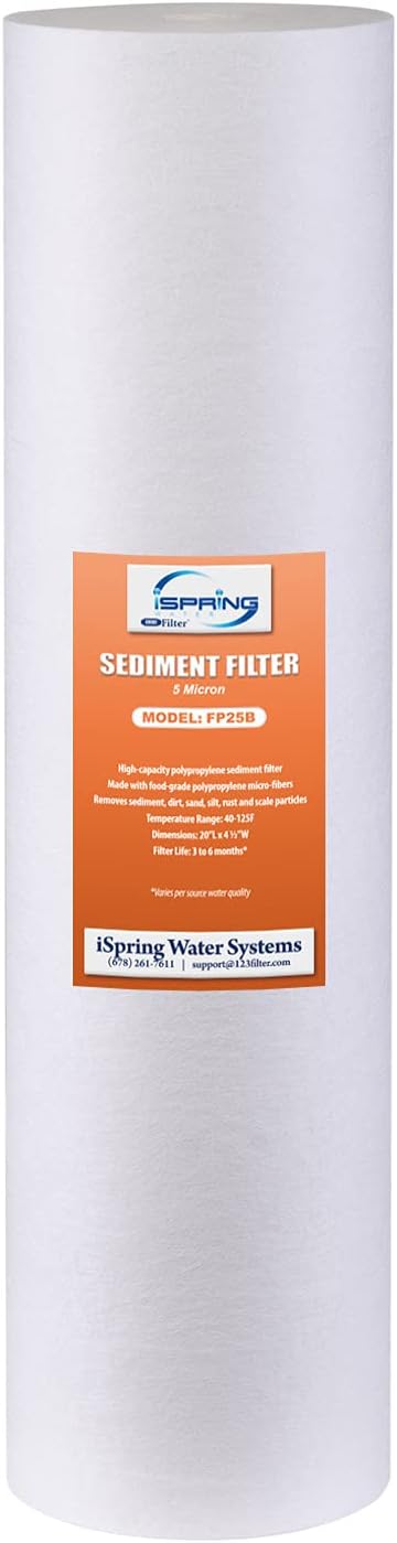 iSpring FC25B Whole House Water Filter Replacement Cartridge, CTO Carbon Block, 20” x 4.5” & FP25B High Capacity 20” x 4.5” Water Replacement Cartridge Fine Sediment Filter, 5 Micron, 1 Piece, White