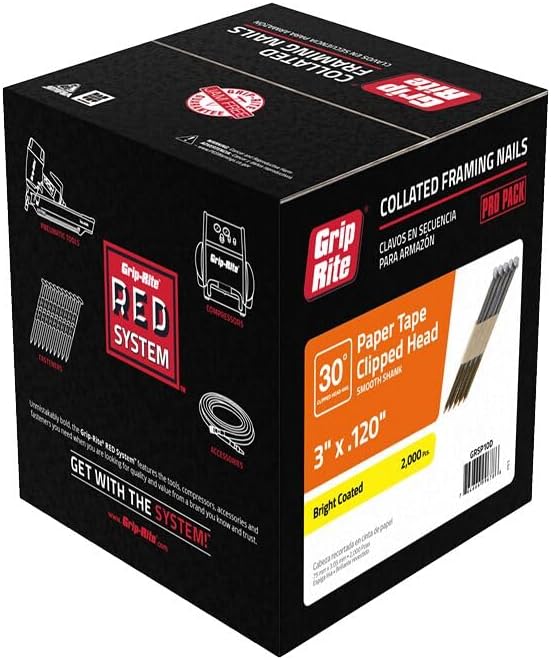Grip-Rite GRSP10D Clipped Head 3-inch by .120-inch by 30 Degree Paper Tape Collated Vinyl Coated Framing Nail, 2,000 per Box