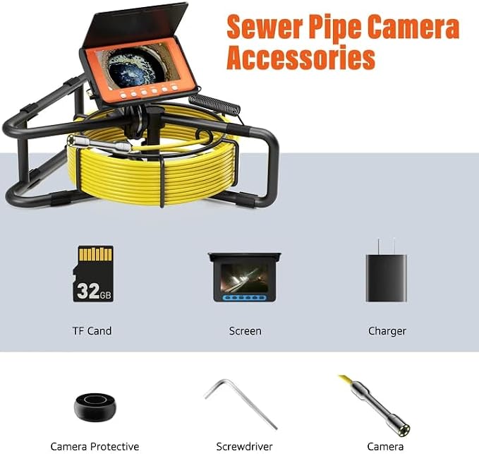 Sewer Camera 100FT, Sewer Pipe Inspection Camera,can Zoom in and Out, 5" 1080P Screen & DVR, 5000mAh Battery, IP68 Waterproof, 6 LED Lights, 32GB Card